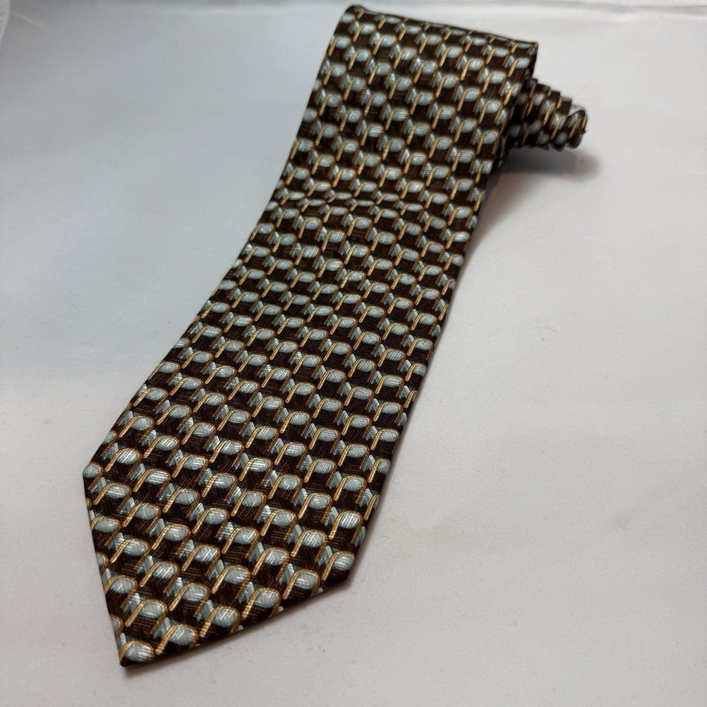 Vintage Ermenegildo Zegna Silk Tie Brown Blue Gold Geometric Chair Italy